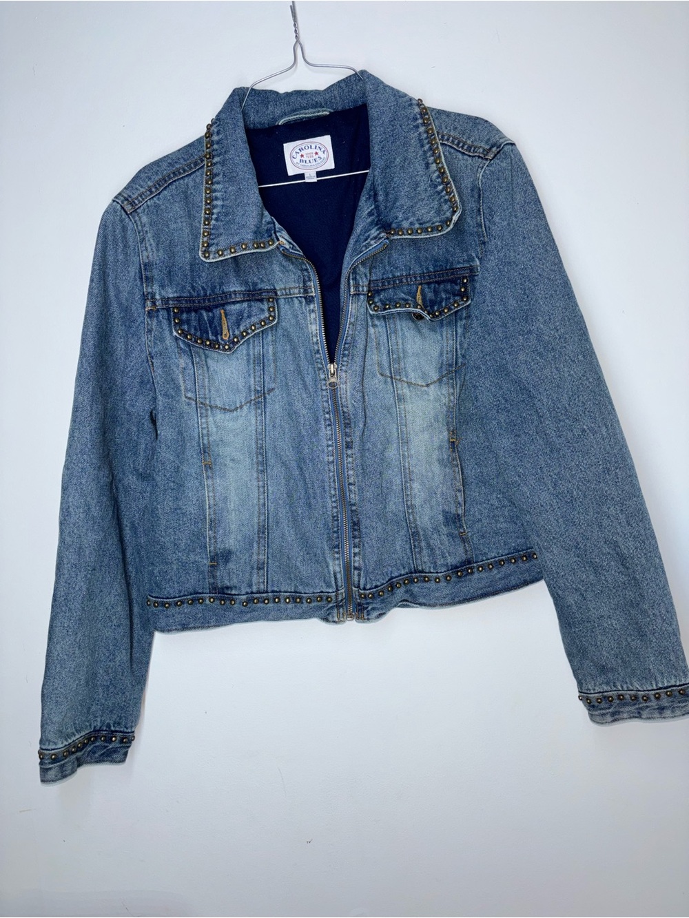 Carolina Blues Studded Denim Jacket Vintage Zip Front Jean Trucker Large